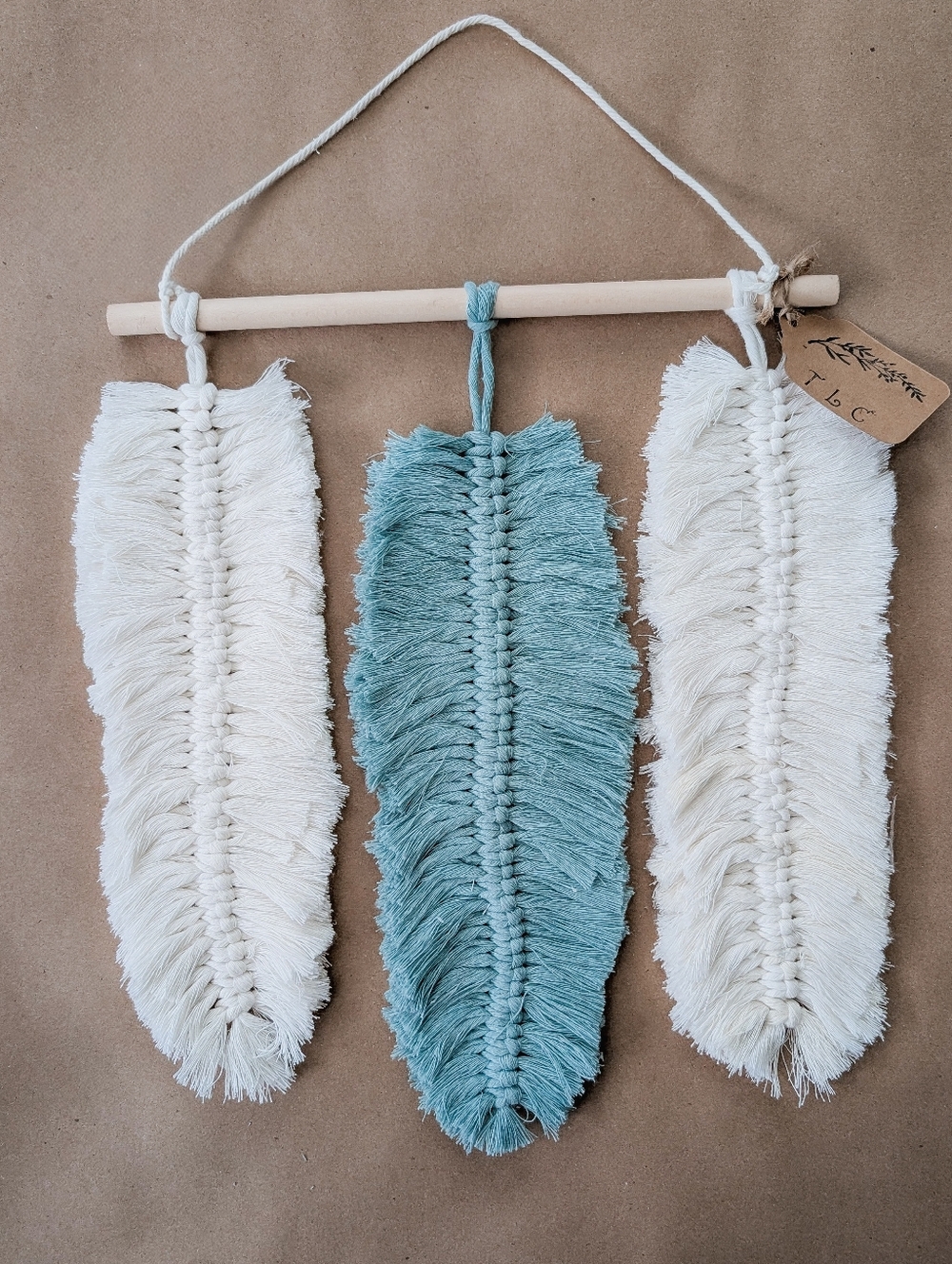 Handmade Macrame Feather Wall Hanging - Cream & Teal
